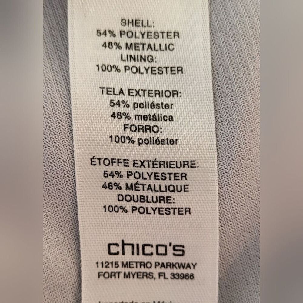 Chico's Size 0 (X-Small) Sheer Shiny Silver Blouse 2 Layers Stretch Long Sleeve - Picture 8 of 9